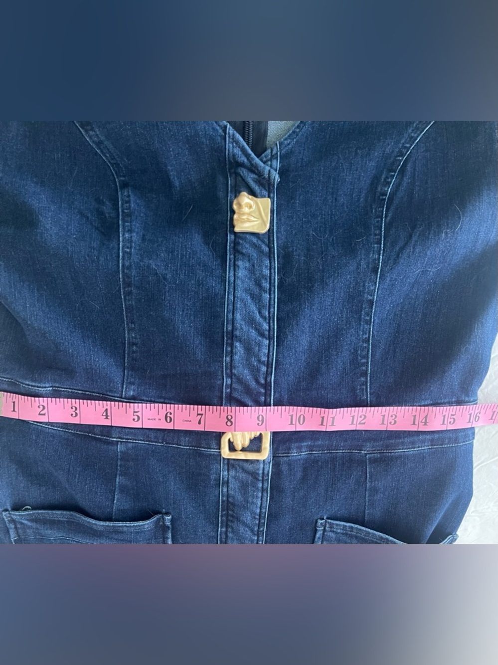 Indigo Denim Maxi Dress w/ Gold Buttons | Tailored Fit | Chic Luxe - Picture 14 of 16